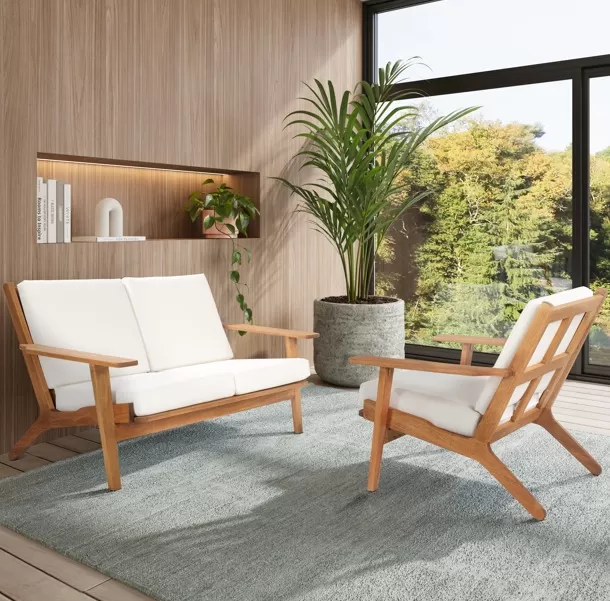 Poltrona Área Externa Lotus 1 Lugar Estofada - Madeira Eucalipto, acabamento Stain Jatobá - Espaço Casa e Jardim